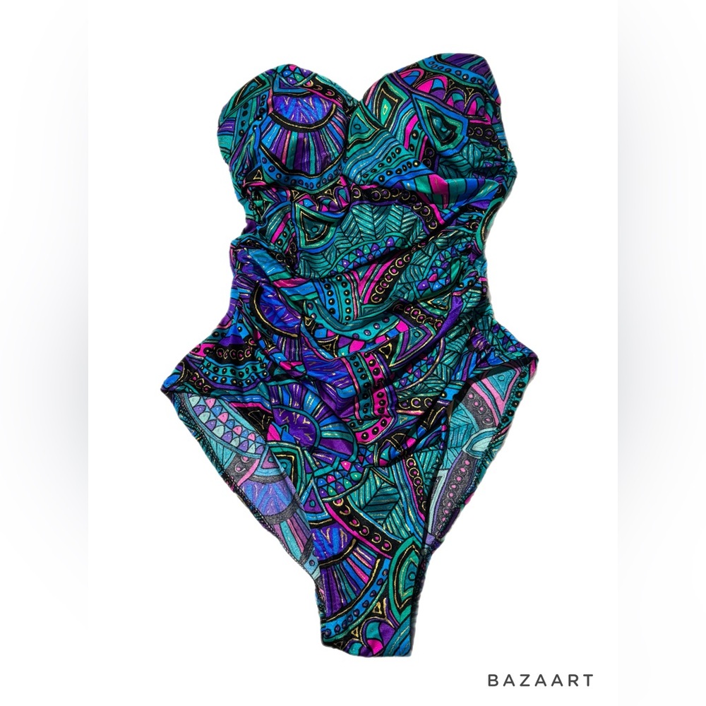 Vtg Catalina Abstracted Ruched Swimsuit Faux Wrap USA Teal Gold Paisley